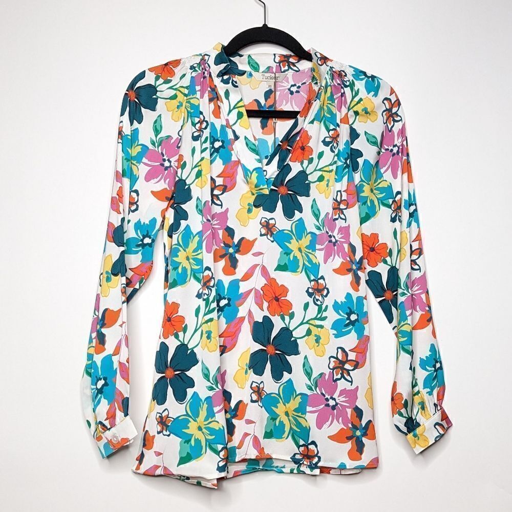 Tucker NYC Long Sleeve Polo Blouse White Casa Floral in Stretch Georgette Silk